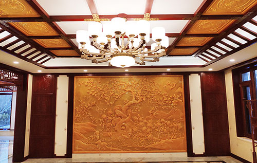 矿区中式别墅客厅中式木作横梁吊顶装饰展示